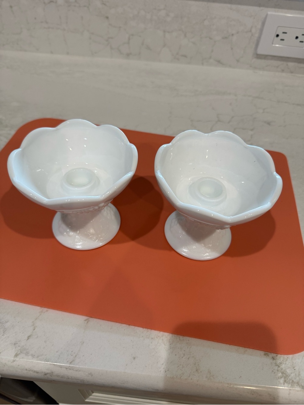 Indiana Glass White Floral Pedestal Candle Holders - Pair